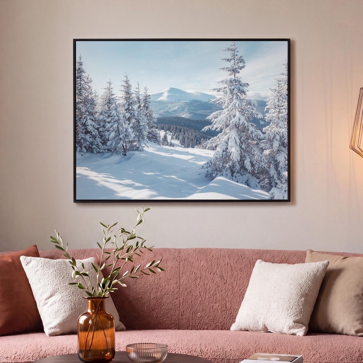 LEINWAND Bilder mit Rahmen - Winterlandschaft - Natur - Berge - Bäume - Schnee - 100x70 - Hellblau, Textil (100/70cm) - MuchoWow