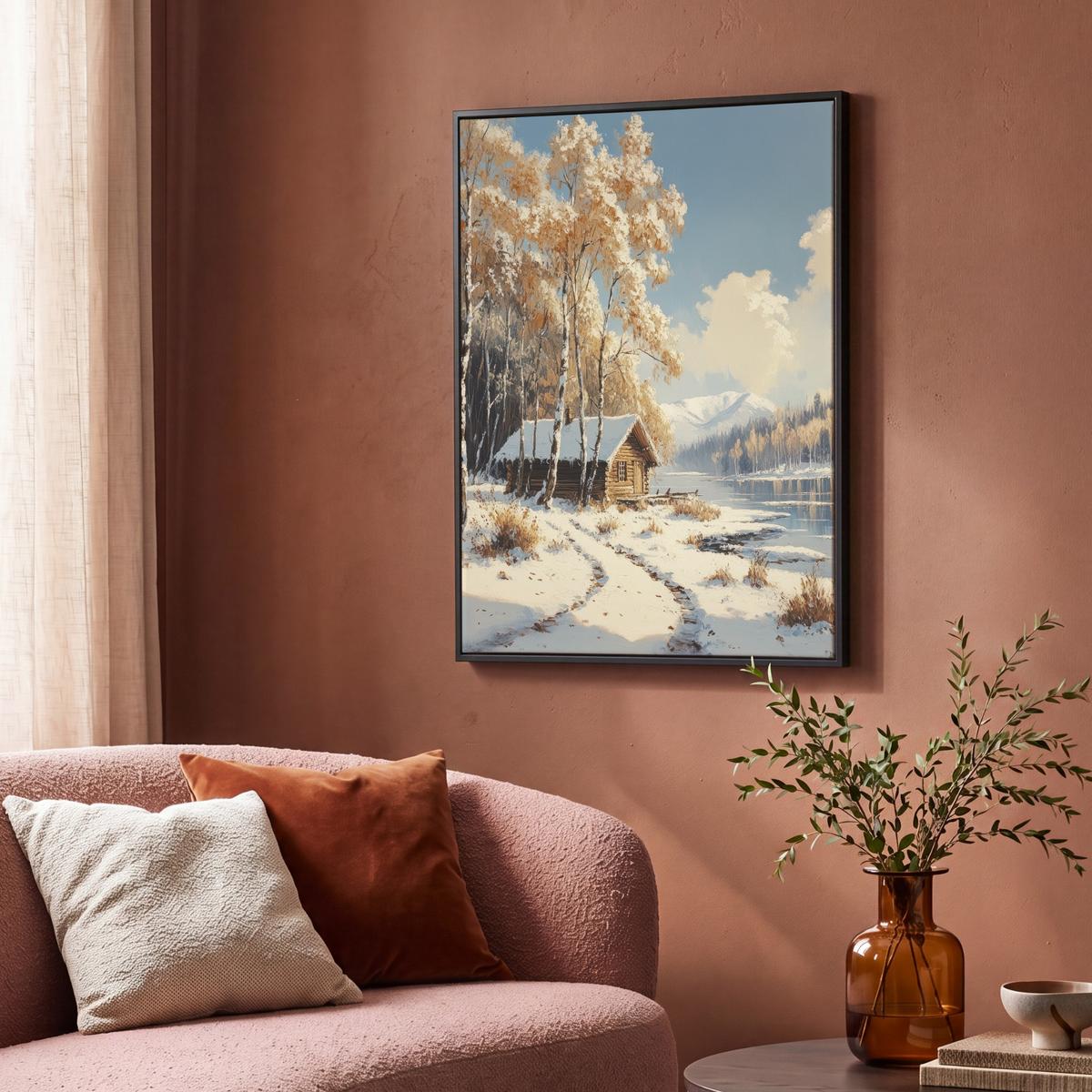 LEINWAND Bilder mit Rahmen - Winter - Schnee - Zuhause - Natur - 70x100 - Hellbraun, Textil (70/100cm) - MuchoWow