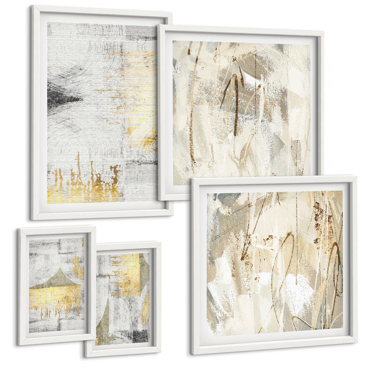 BILDER SET 5er Set - 50x50 cm & 20x30 cm & 40x60 cm Weißer Rahmen - Abstrakte minimalistische Muster - Weiß, Kunststoff (40/60cm) - TULUP