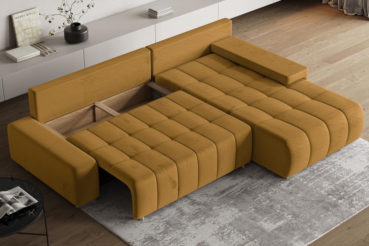 ECKSOFA ALESE R-S Gelb Velours-Stoff mit Schlaffunktion - Gelb/Silberfarben, Holz/Textil (265/185cm) - MASSENO
