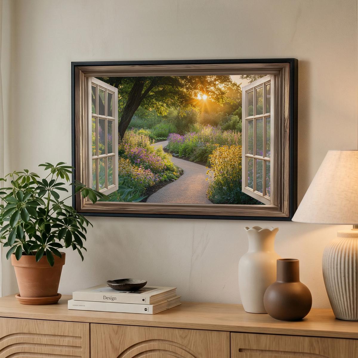 LEINWAND Bilder mit Rahmen - Aussicht - Blumen - Natur - Sonne - Weg - 60x40 - Hellgelb, Textil (60/40cm) - MuchoWow