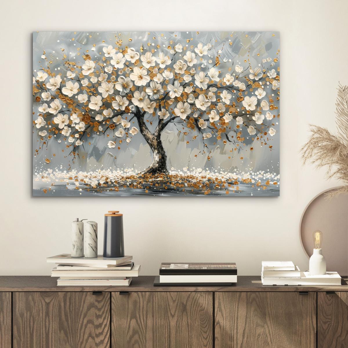 METALLBILD Baum - Blumen - Weiß - Natur - Kunst Wandbild 60x40 cm - Weiß, Metall (60/40cm) - MuchoWow