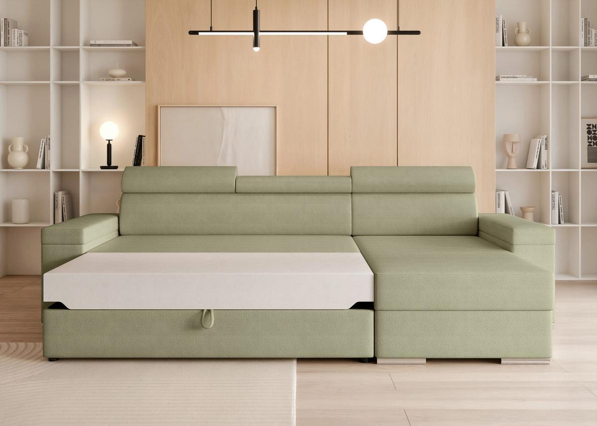 ECKSOFA AISHA Rechts mit Schlaffunktion und Bettkasten Grün - Chromfarben/Grün, Kunststoff/Textil (250/130cm) - Idohome