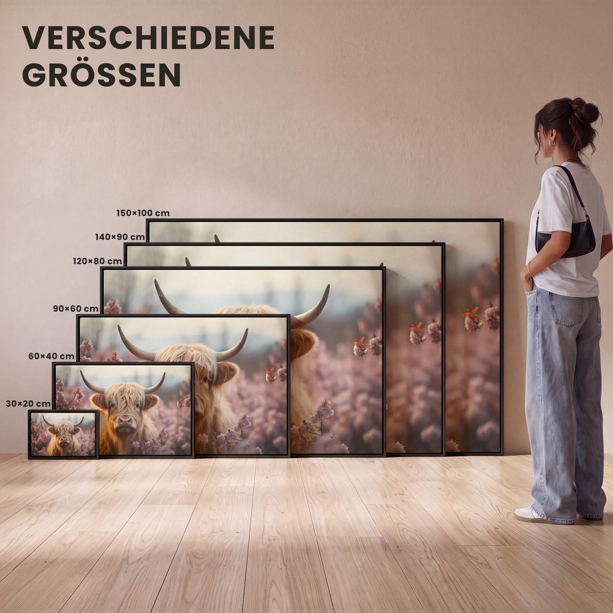 LEINWAND Bilder mit Rahmen - Schottischer Hochländer - Frühling - Hochland - 120x80 - Hellrosa, Textil (120/80cm) - MuchoWow