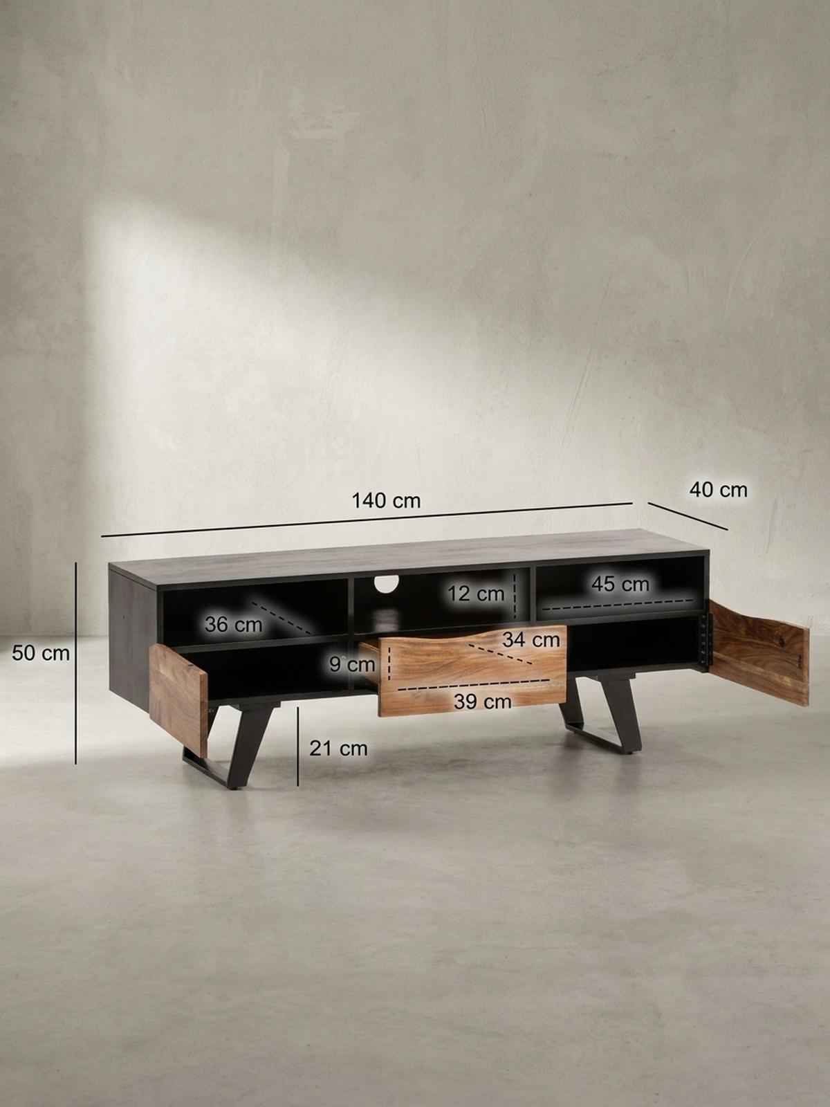 LOWBOARD Akazie Massivholz Modern Stil 140x50x40 cm Baumkante mit Schublade und Türen - Schwarz, Holz/Metall (140/50/40cm) - KADIMA DESIGN