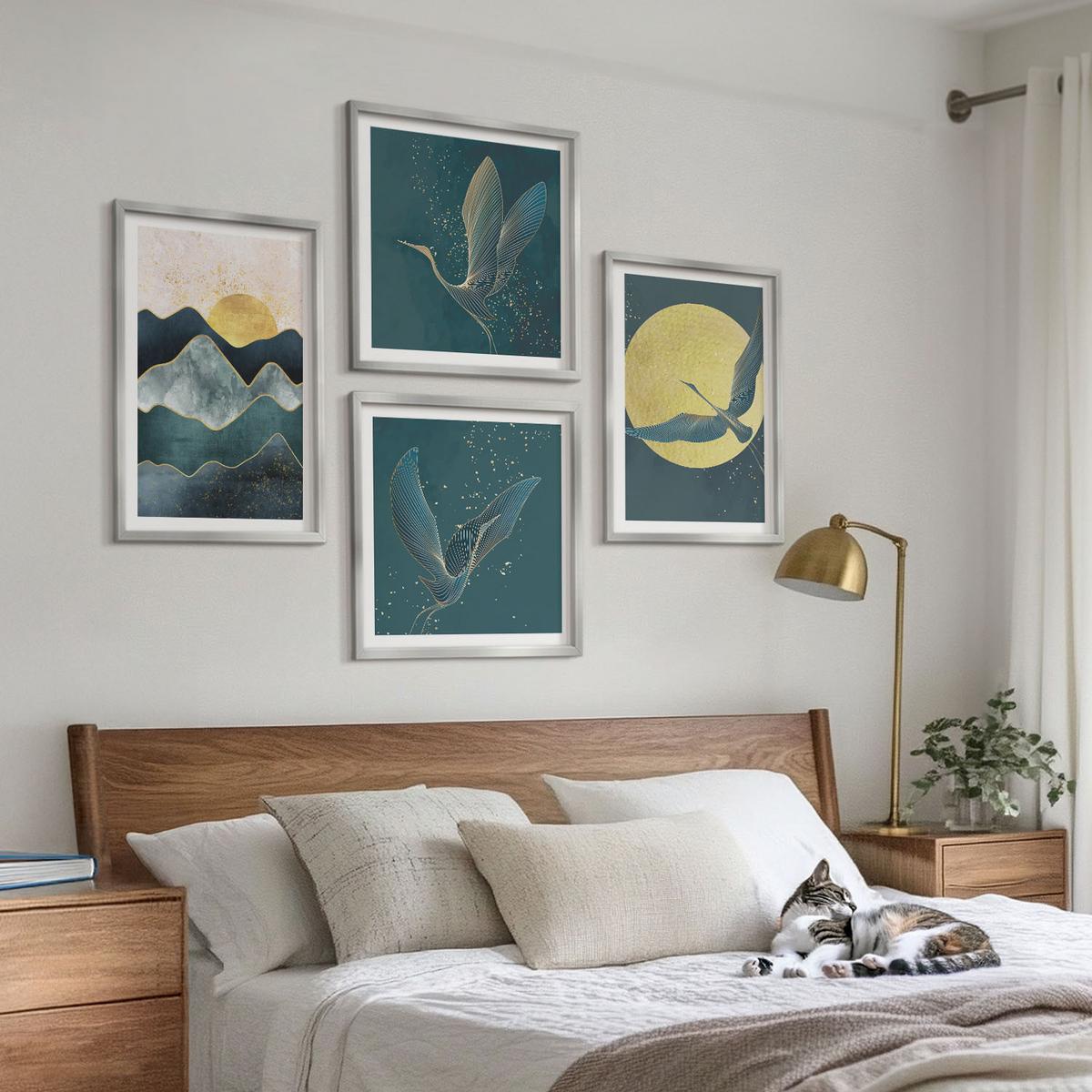 BILDER SET 4er Set - 50x50 cm & 40x60 cm Silberner Rahmen - Vögel, Kraniche, Mond, Berge - Silberfarben, Kunststoff (50/50cm) - TULUP