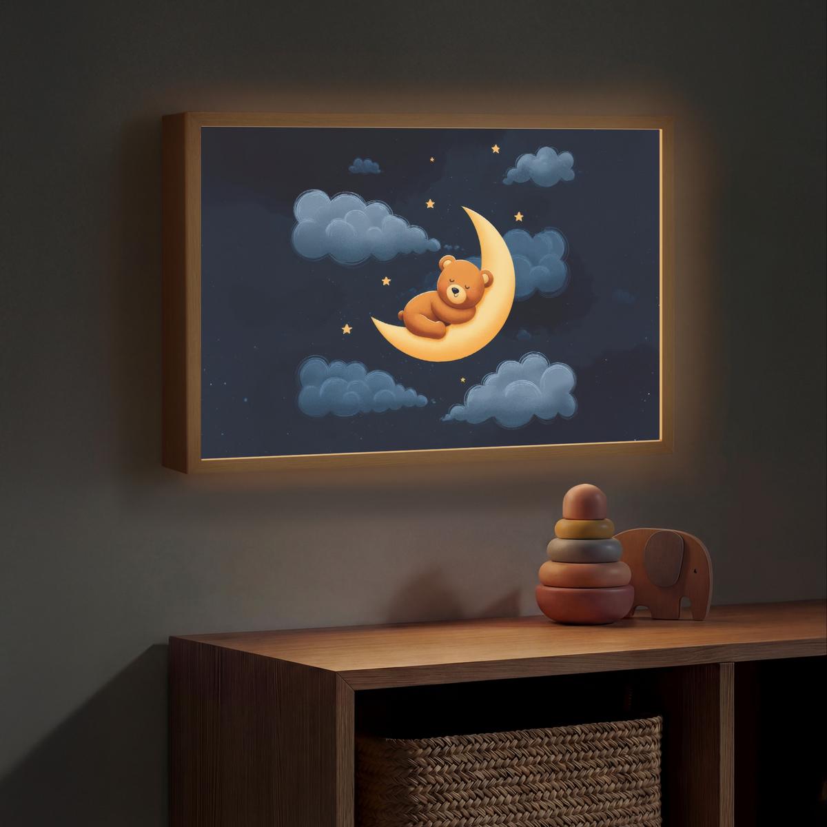 WANDLEUCHTE MIT AKKU Teddybär - Mond - Wolken - Sterne 60x40 cm - Dunkelblau, Holzwerkstoff (60/40/8cm) - OnlyWow