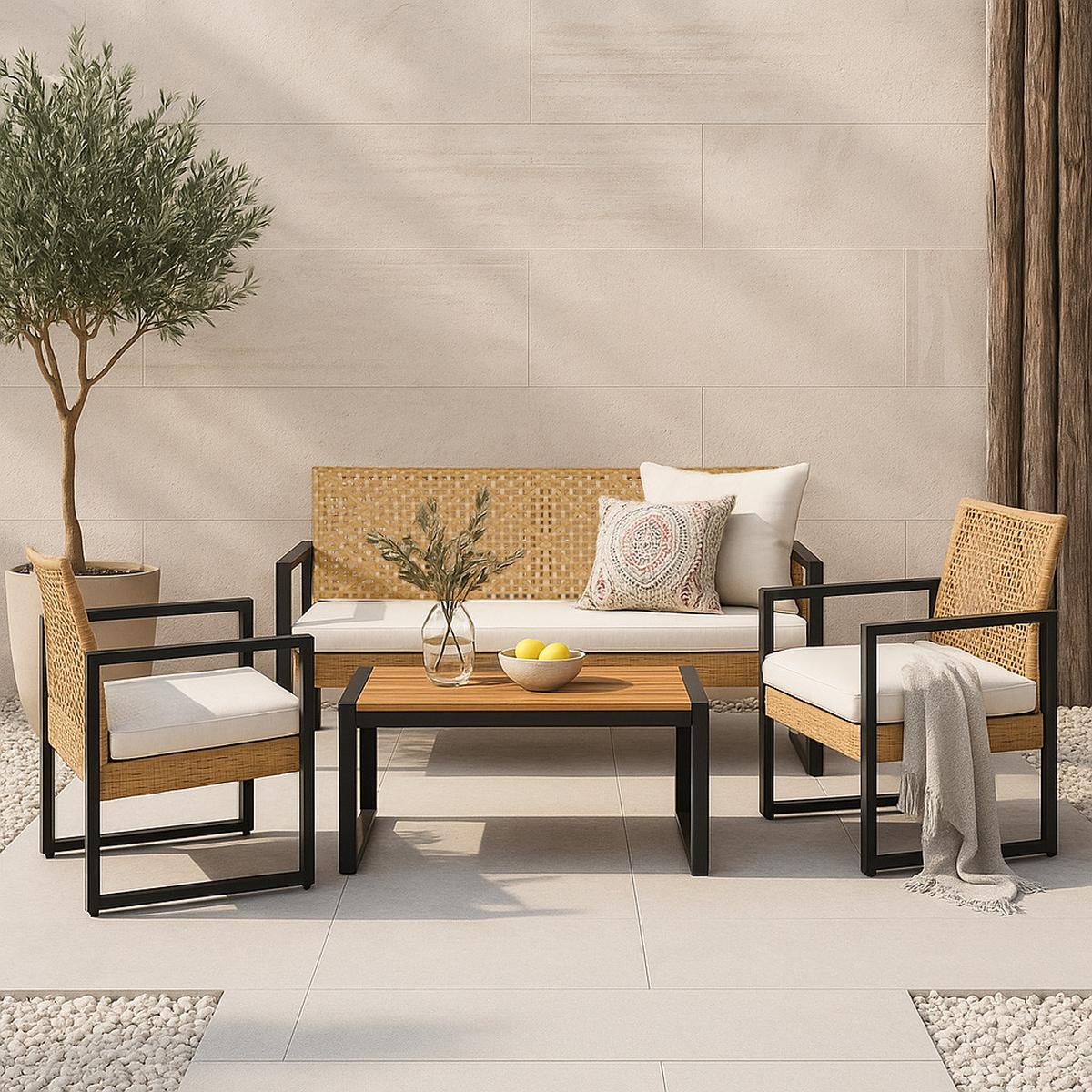 LOUNGE-SET 4 TLG. Calciano - Beige/Braun, Kunststoff/Metall - casa.pro