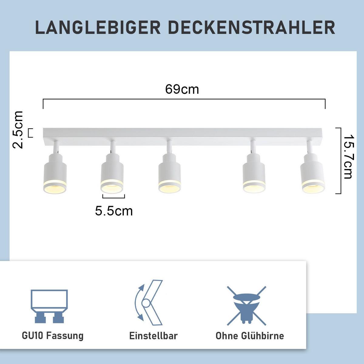 DECKENSTRAHLER Mergentheim 5-flammig 69/5/15.7 cm - Weiß, Metall (69/5/15.7cm) - Nettlife