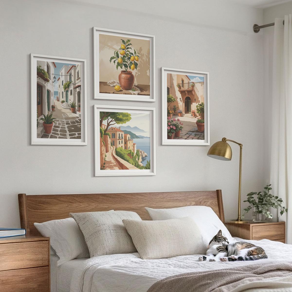 BILDER SET 4er Set - 50x50 cm & 40x60 cm Weißer Rahmen - Straßen, Häuser, Pflanzen, Töpfe - Weiß, Kunststoff (50/50cm) - TULUP