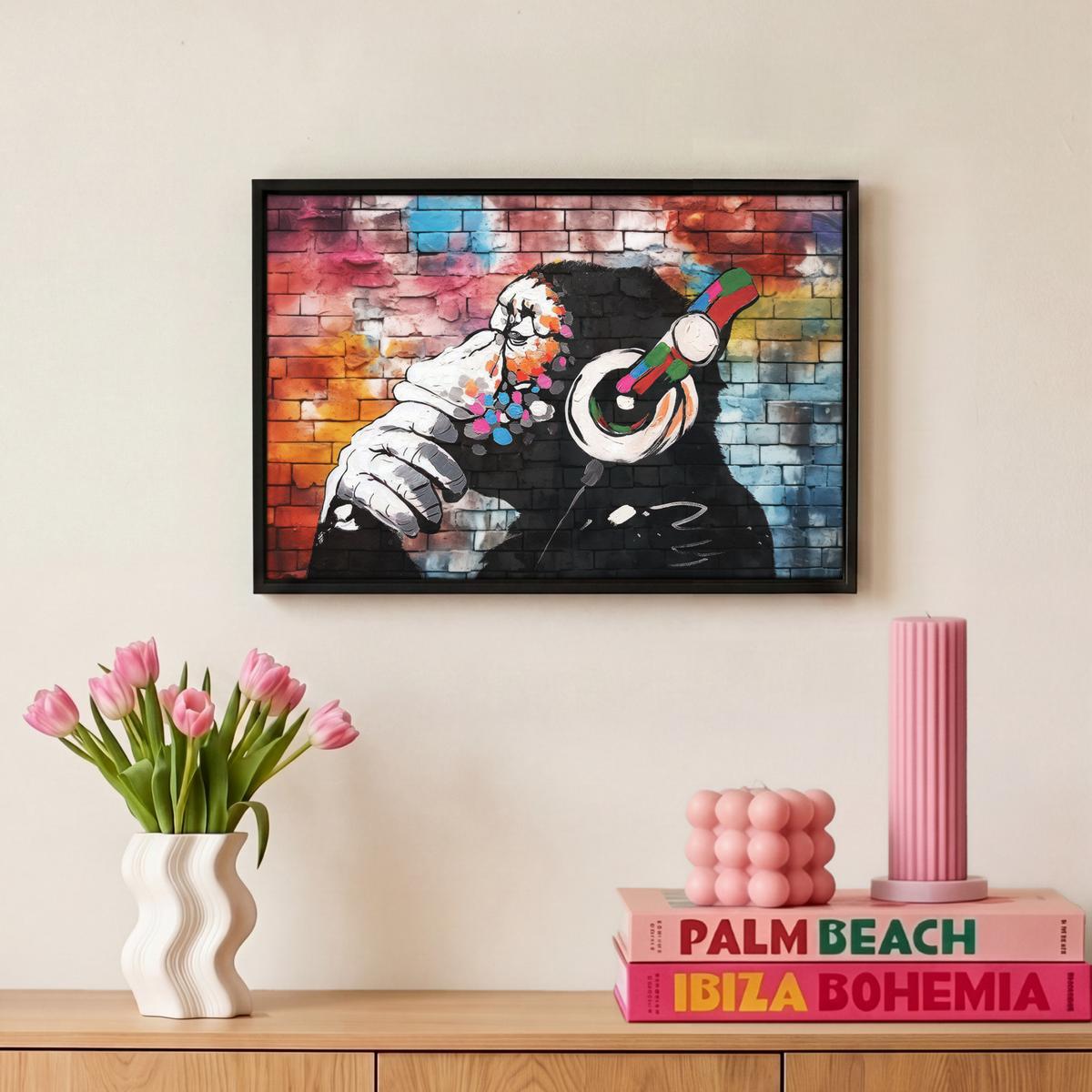LEINWAND Bilder mit Rahmen - Affe - Graffiti - Musik - 30x20 - Multicolor, Textil (30/20cm) - MuchoWow