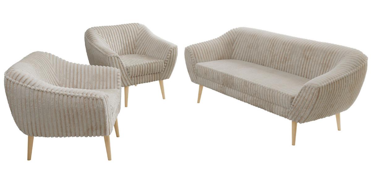 SITZGARNITUR PIRS 3+1+1 - Beige Cord - Holzbeine - Beige/Buchefarben, Holzwerkstoff/Textil (180/75/74cm) - MKS