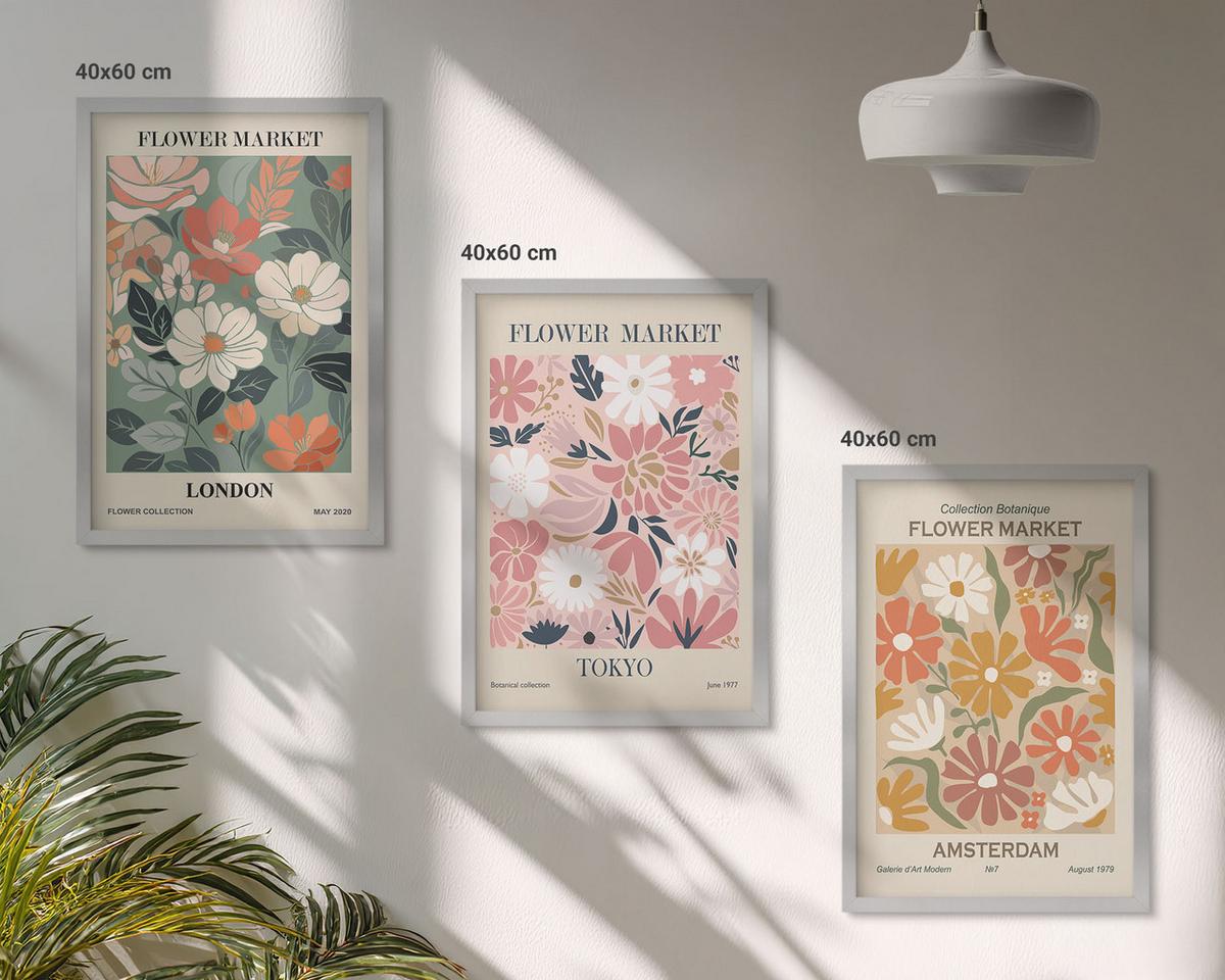 BILDER SET 3er Set - 40x60 cm Silberner Rahmen - Blumenmuster London Tokio Amsterdam - Silberfarben, Kunststoff (40/60cm) - TULUP