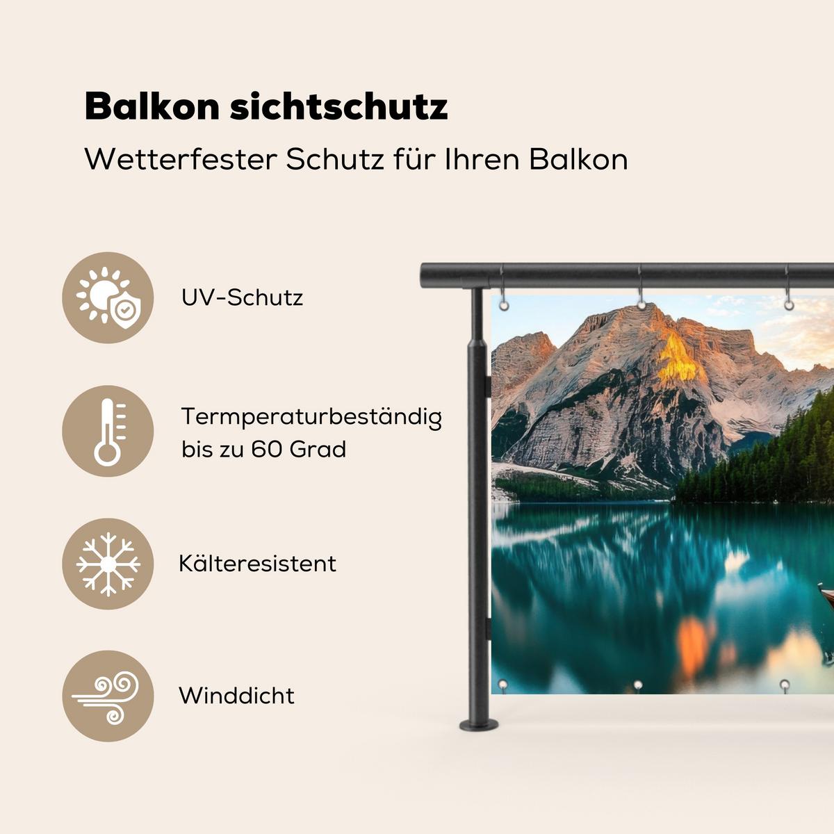 BALKON-SICHTSCHUTZ See - Berge - Sonnenuntergang - Boot Witterungsbeständig 200x110 cm - Petrol, Kunststoff (200/110cm) - MuchoWow