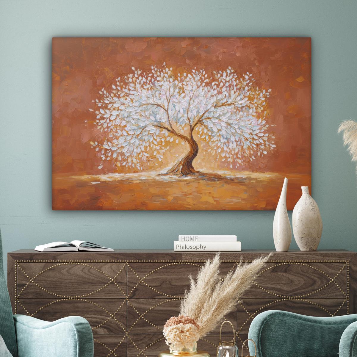 LEINWANDBILD Abstrakt - Baum - Weiß - Blätter Wohnzimmer Groß 120x80 cm - Braun, Textil (120/80cm) - MuchoWow