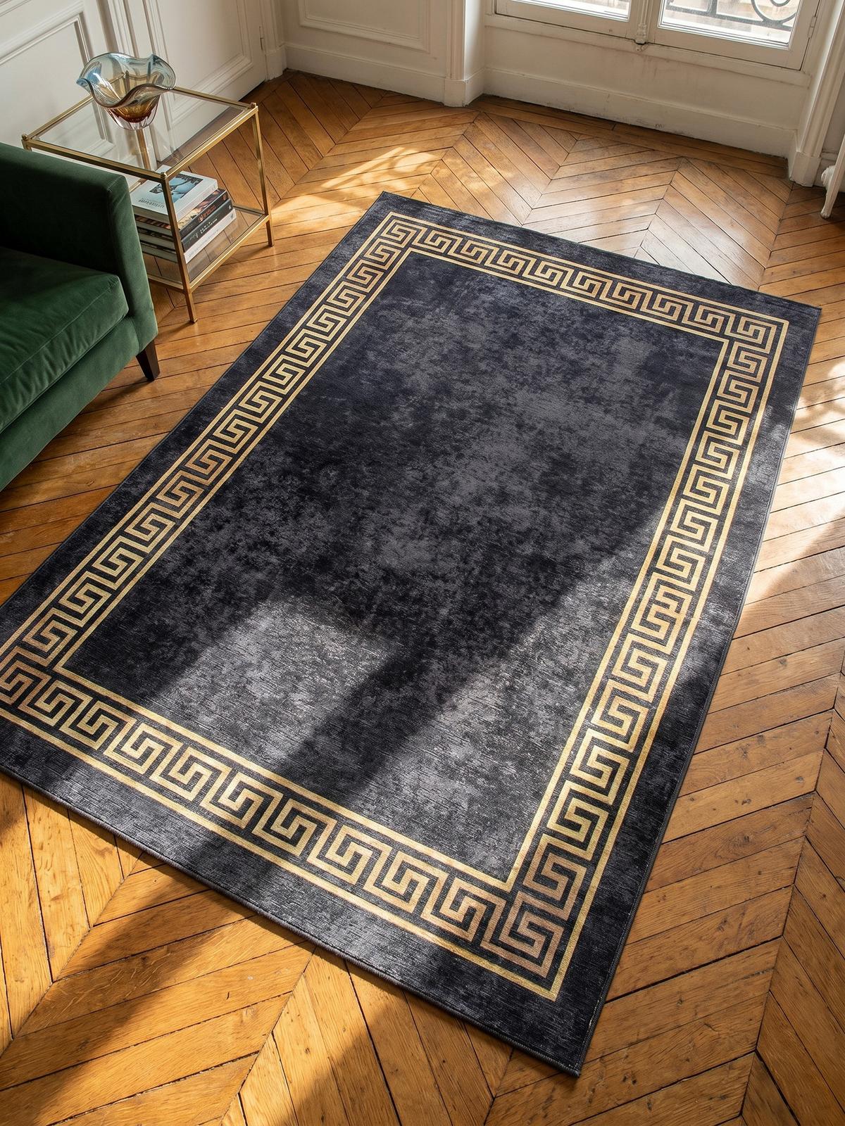 TEPPICH Flachgewebe Waschbar PIZOL in Schwarz, mit Mäander-Muster, 120 x 170 cm - Schwarz, Textil (120/170cm) - KADIMA DESIGN