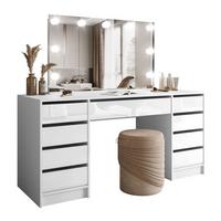 SCHMINKTISCH MADA DOUBLE ELITE mit Spiegel und Beleuchtung, Weiß hochglanz - Weiß, Holzwerkstoff (157/75/55cm) - Lookway