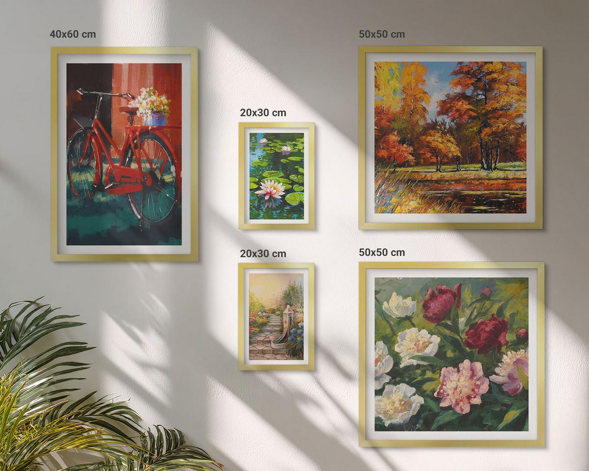 BILDER SET 5er Set - 50x50 cm & 20x30 cm & 40x60 cm Goldrahmen - Strand Holzsteg Klippen - Goldfarben, Kunststoff (40/60cm) - TULUP