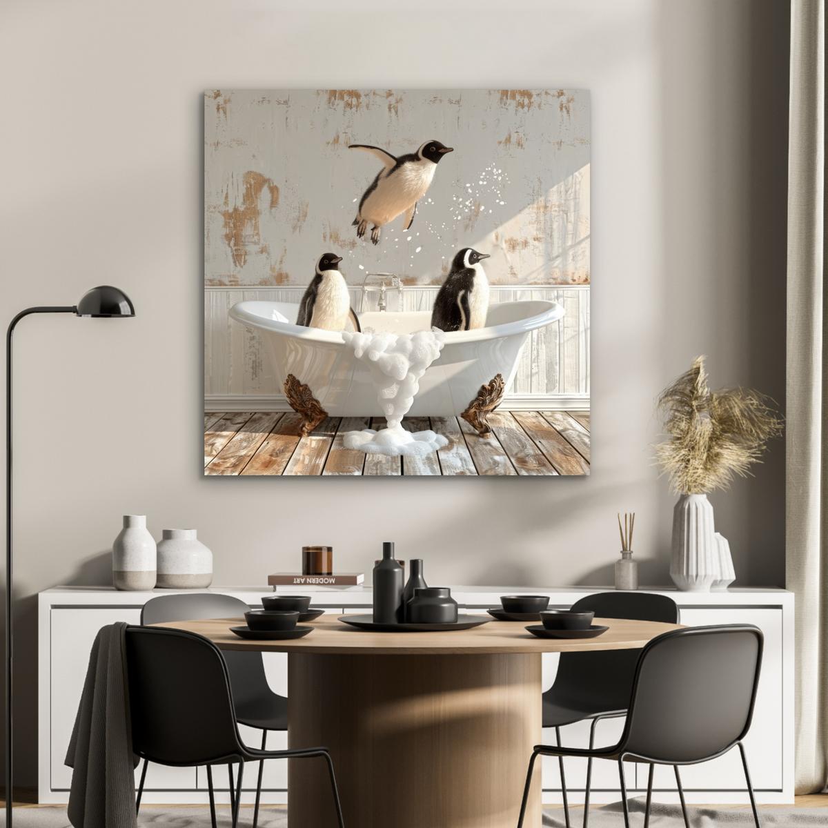 METALLBILD Vintage - Pinguin - Badewanne - Schaumstoff 90x90 cm - Schwarz, Metall (90/90cm) - MuchoWow