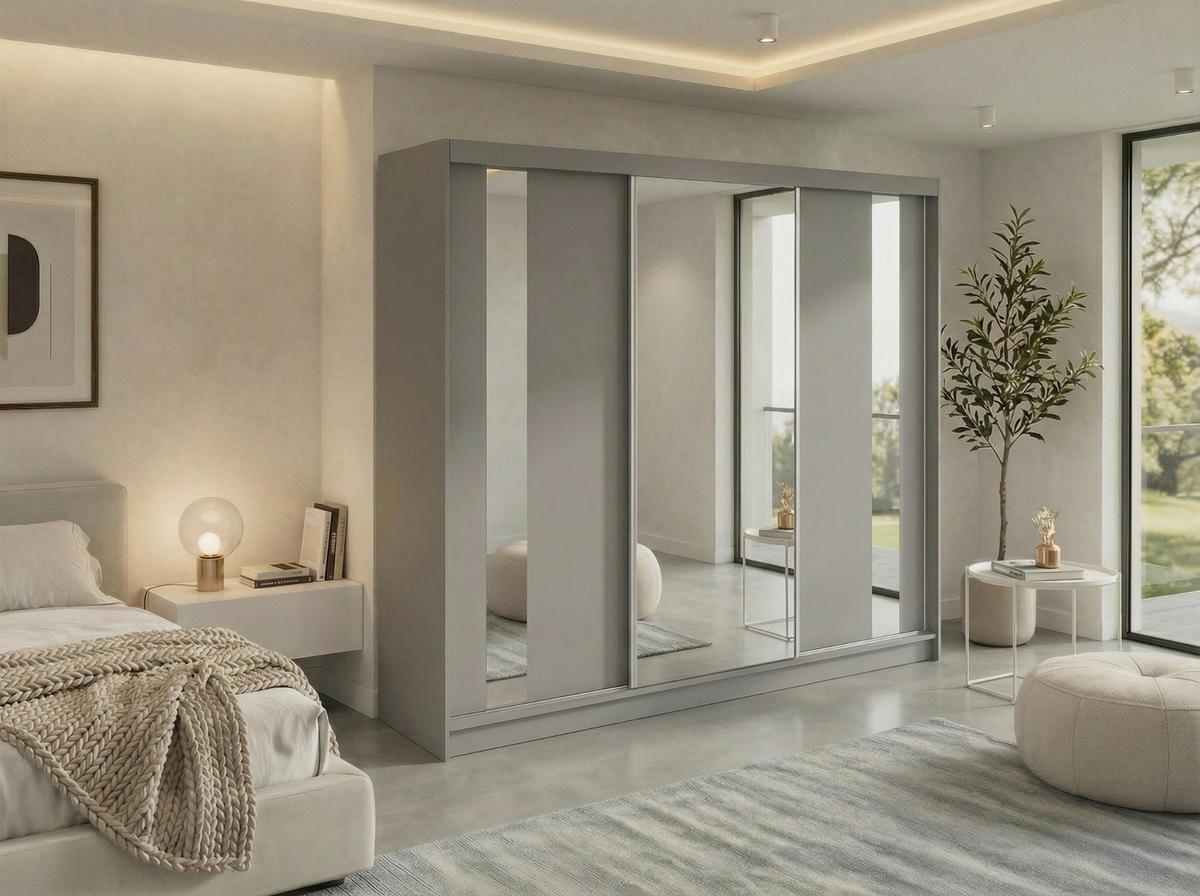 SCHWEBETÜRENSCHRANK mit Schubladen 240 - GRECJA - Grau mit Spiegel - Alufarben/Grau, Holzwerkstoff/Metall (240/216/61cm) - MKS