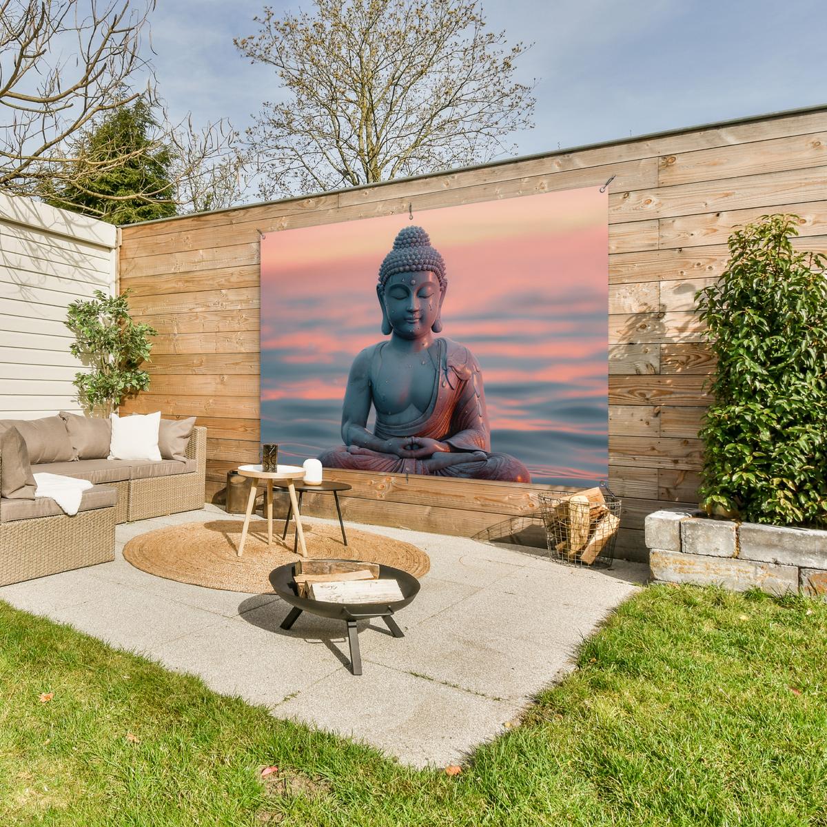 GARTENPOSTER Buddha - Statue - Buddha - Wasser - Kunst - Buddha Poster für draußen 180x120 cm - Blaugrau, Kunststoff (180/120/0.2cm) - OnlyWow
