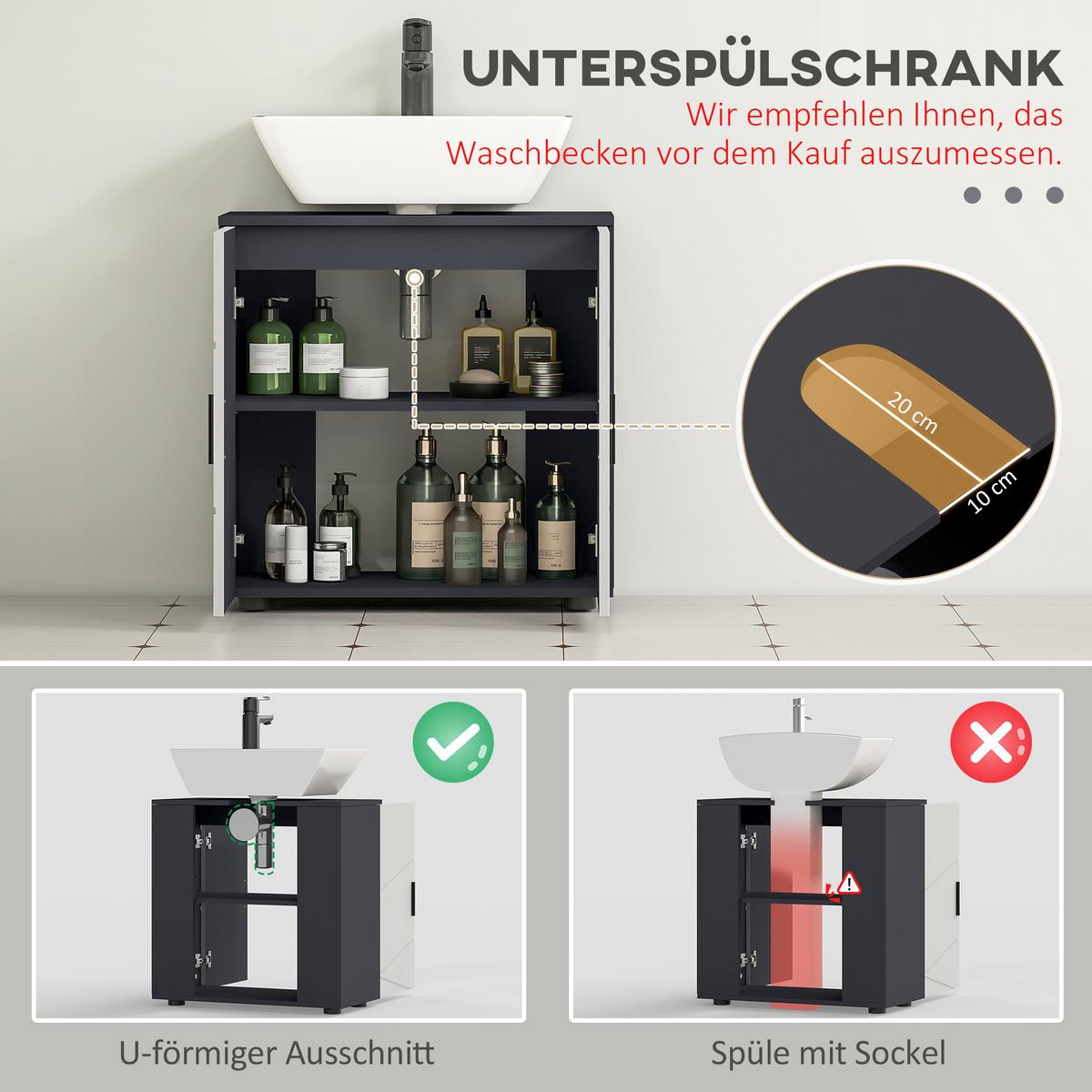 WASCHBECKENUNTERSCHRANK Unterschrank mit Schrankfach Griff, Grau 60 x 30 x 60 cm - Grau, Holzwerkstoff (30/60/60cm) - Kleankin