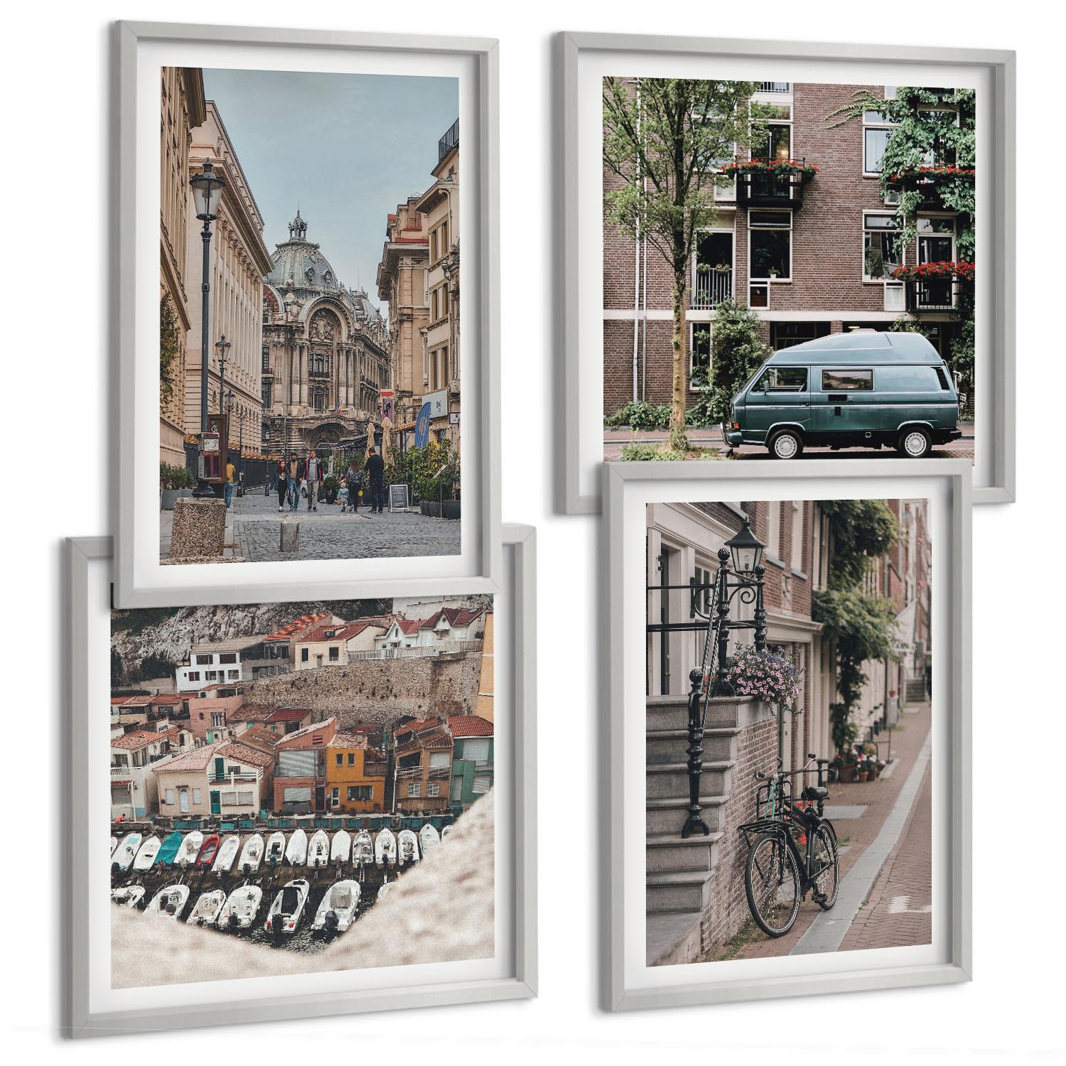 BILDER SET 4er Set - 50x50 cm & 40x60 cm Silberner Rahmen - Stadtansichten von Gebäuden - Silberfarben, Kunststoff (50/50cm) - TULUP