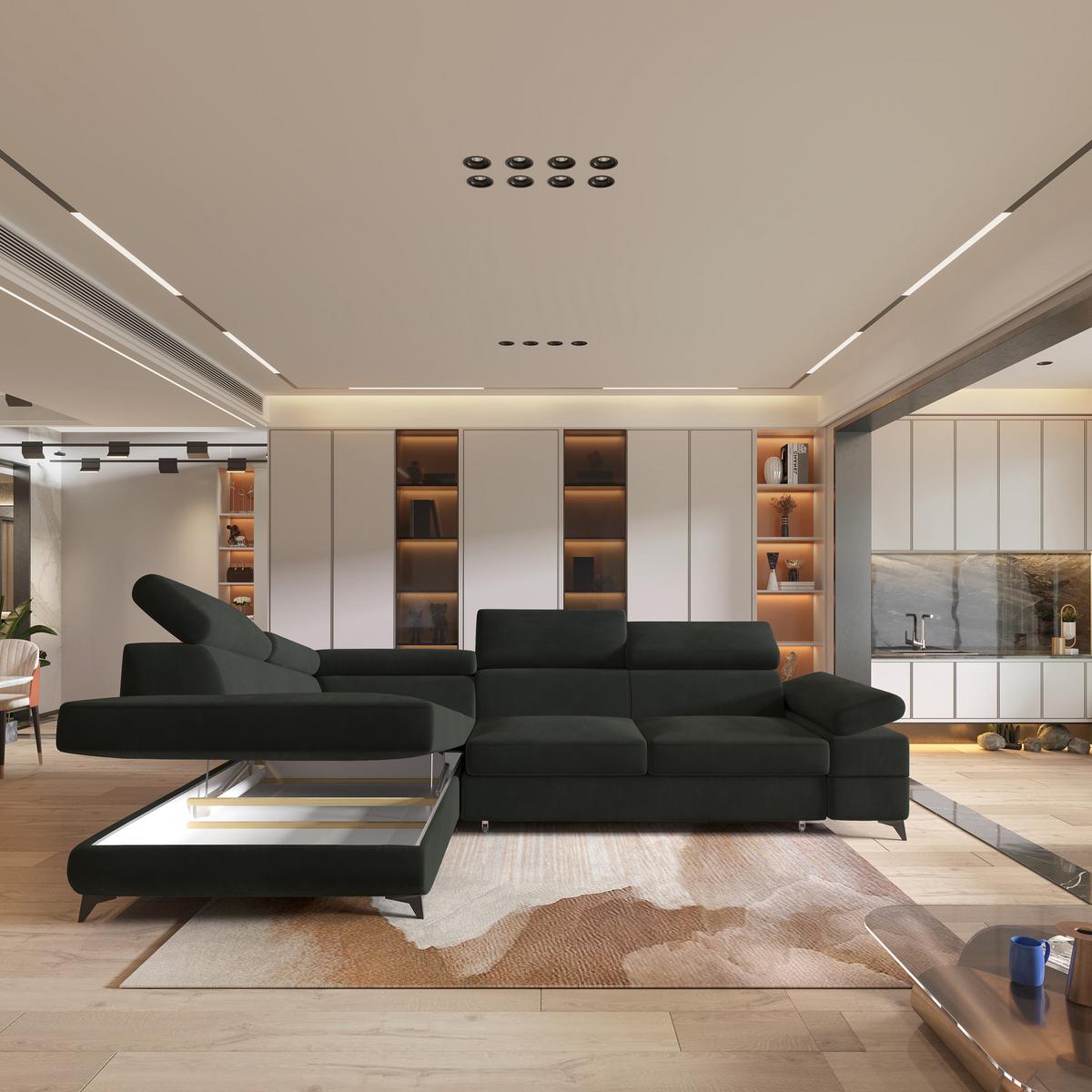 ECKSOFA FAVIEN L-S Schwarz Velours-Stoff mit Schlaffunktion - Schwarz, Holz (257/190cm) - MASSENO