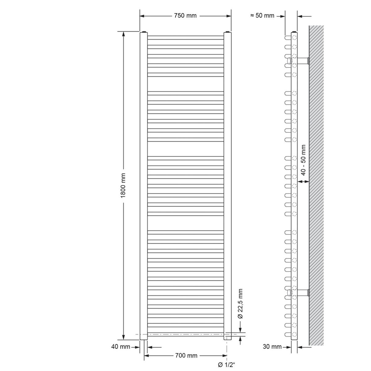 BADHEIZKÖRPER elektrisch Sahara 750x1800 mm Weiß gebogen mit Heizstab 1200W - Weiß, Metall (3/180/75cm) - LuxeBath