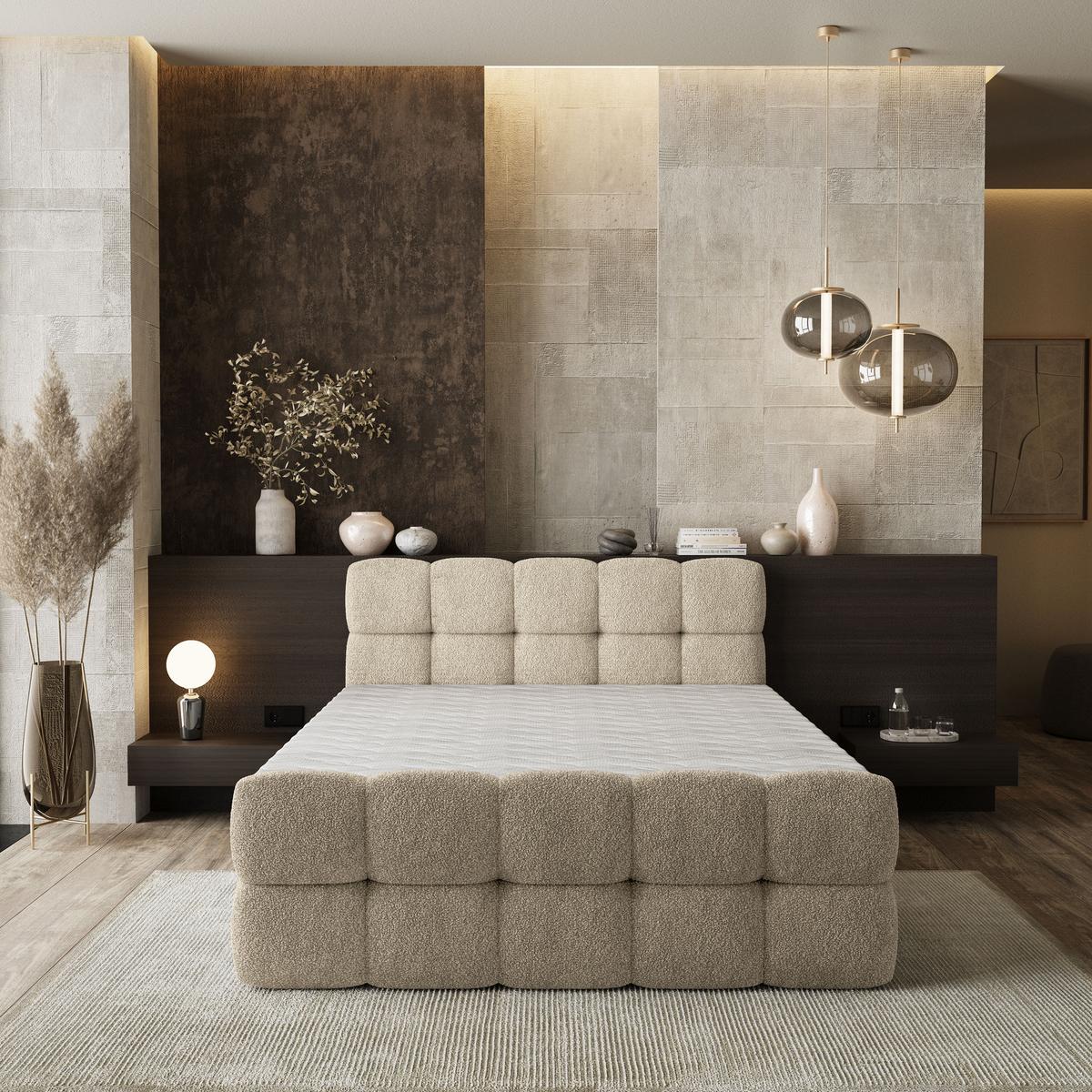 BOXBETT BRUME 180x200 cm mit Matratze und Topper, H2+H3 - Creme - Creme, Holz (180/200cm) - MASSENO
