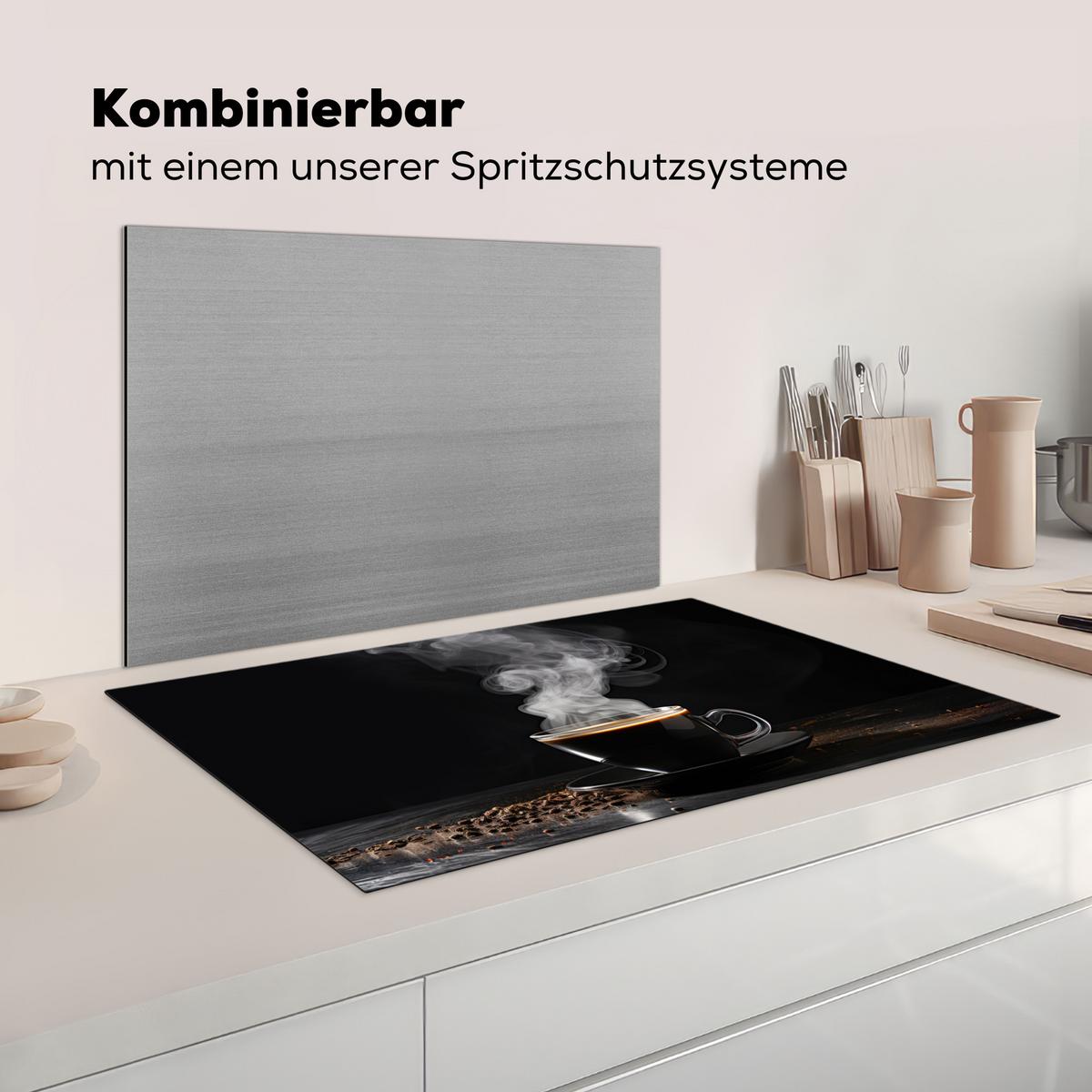 HERDABDECKPLATTE Kaffee - Schwarz - Bohnen - Heiß - Tasse Induktionsmatte 83x51 cm - Schwarz, Kunststoff (83/51.5/0.2cm) - MuchoWow