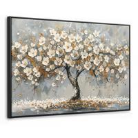 LEINWAND Bilder mit Rahmen - Baum - Blumen - Weiß - Natur - Kunst - 140x90 - Weiß, Textil (140/90cm) - MuchoWow