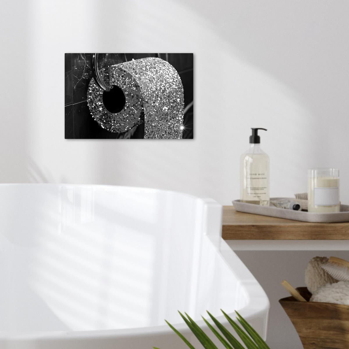 LEINWANDBILD WC - Toilettenpapier - Schwarz und weiß - Glitter Deko Schlafzimmer 30x20 cm - Silberfarben, Textil (30/20cm) - MuchoWow