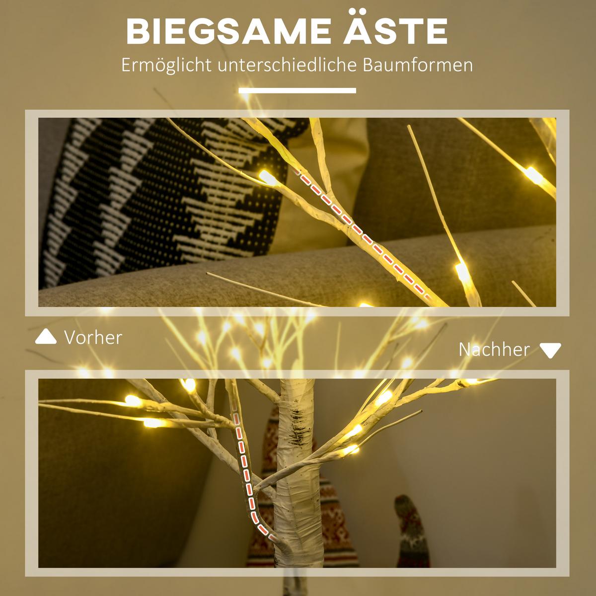 120 cm Kunstbirke Kunstbaum mit LED-Beleuchtung für Weihnachten Ostern Warmweiß - Weiß, Kunststoff (17/17/120cm) - HOMCOM