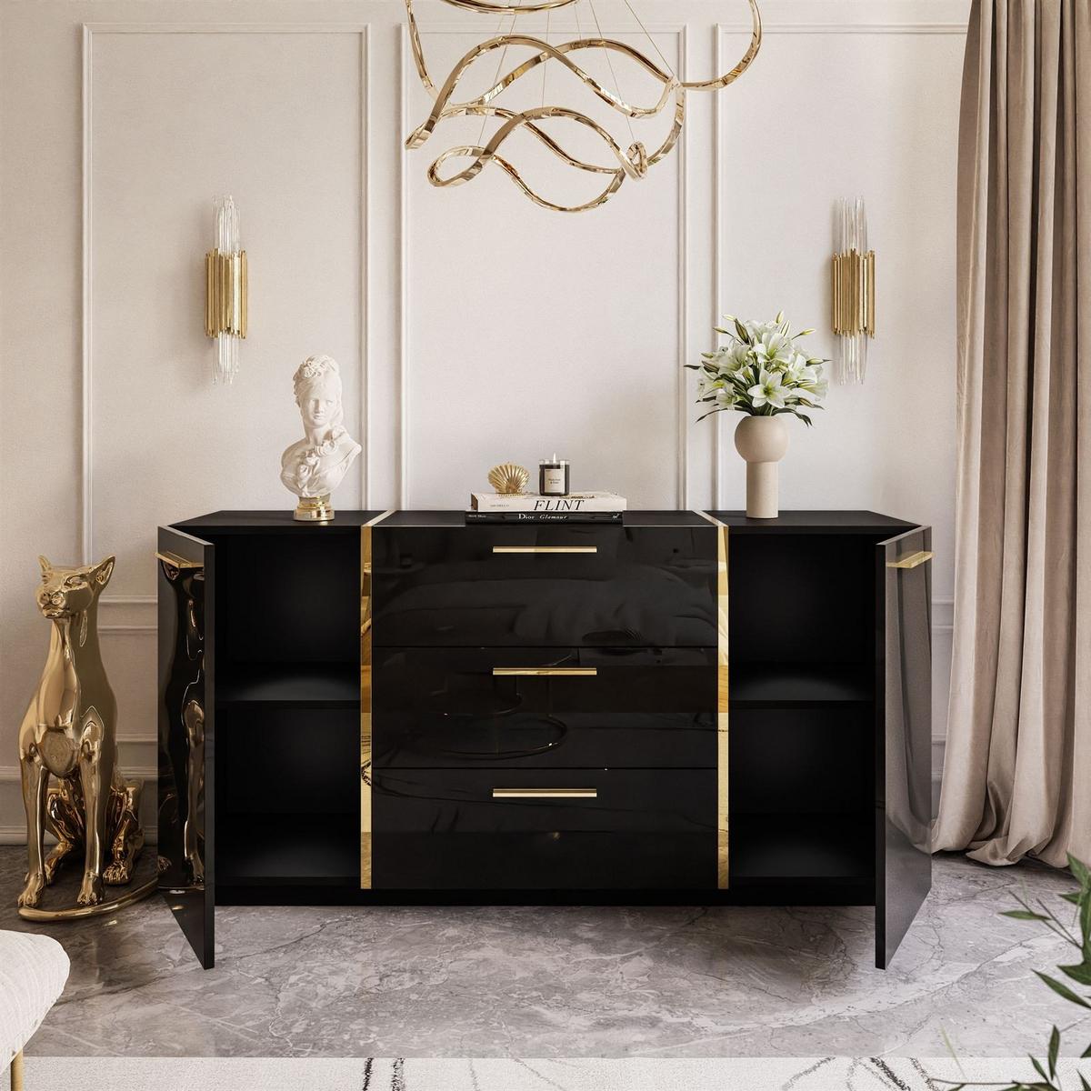 KOMMODE MIT SCHUBLADEN ONYX HOCHGLANZ 158 CM - Schwarz, Holzwerkstoff (158/81/41.3cm) - Lookway