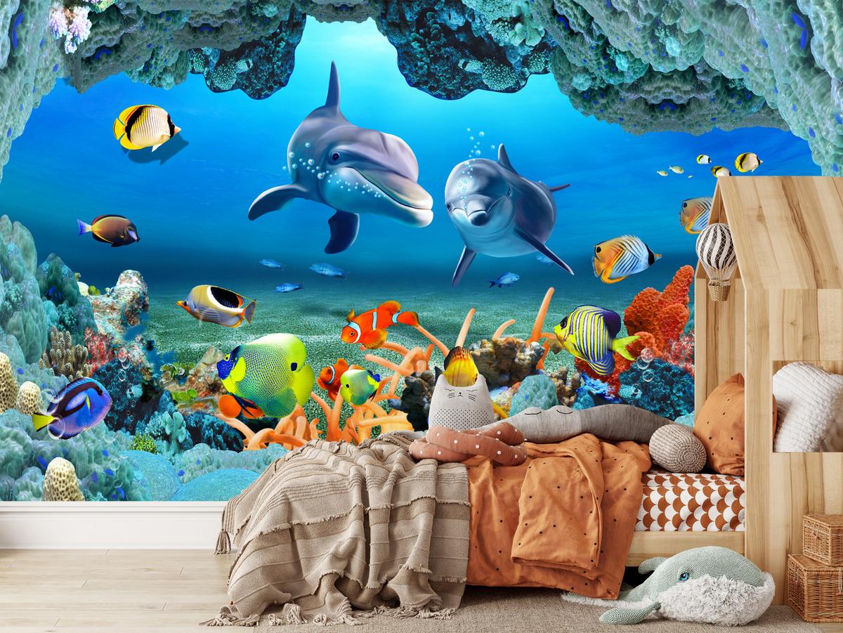 FOTOTAPETE für Badezimmer Unterwasser Korallenriff Delfin Fisch 150x105 - Türkis/Gelb, Papier (150/105cm) - Muralo