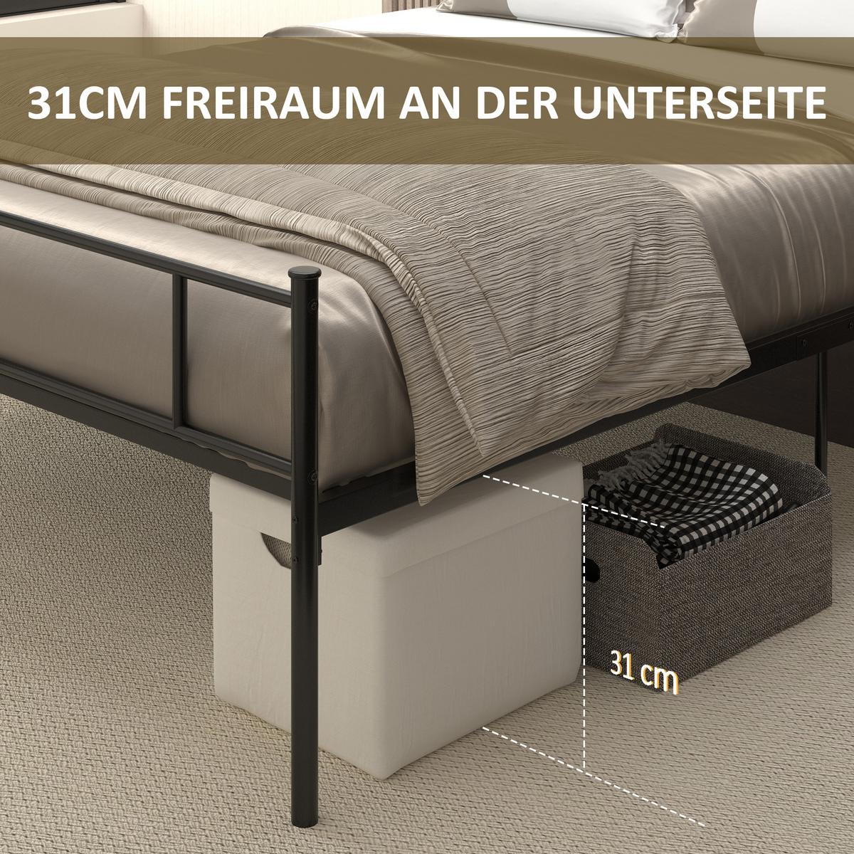 BETT 140 x 200 cm Stahl mit Lattenrost, Unterbettaufbewahrung, Kopf- und Fußteil - Schwarz, Metall (140/200cm) - HOMCOM