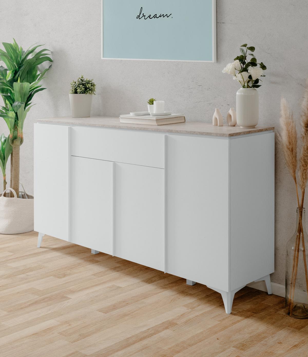 SIDEBOARD weiß, Sandstein 177 x 92 cm, Kommode 4-türig - Weiß, Holzwerkstoff/Kunststoff (177/92/40cm) - Furn.Design