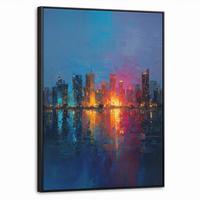 LEINWAND Bilder mit Rahmen - Skyline - Pinselstriche - Dunkelblau - Leuchtend - 60x80 - Blau, Textil (60/80cm) - MuchoWow