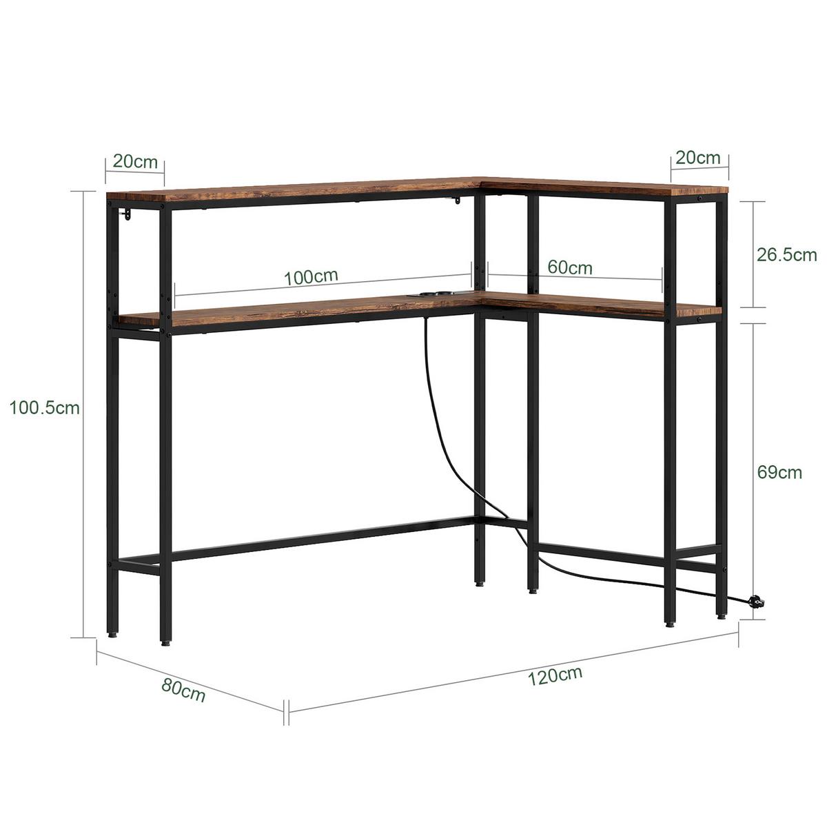 ECKKONSOLENTISCH mit integrierter Steckdose schmal 180x20x100 cm - Braun, Holzwerkstoff/Metall (80/120/101cm) - SoBuy