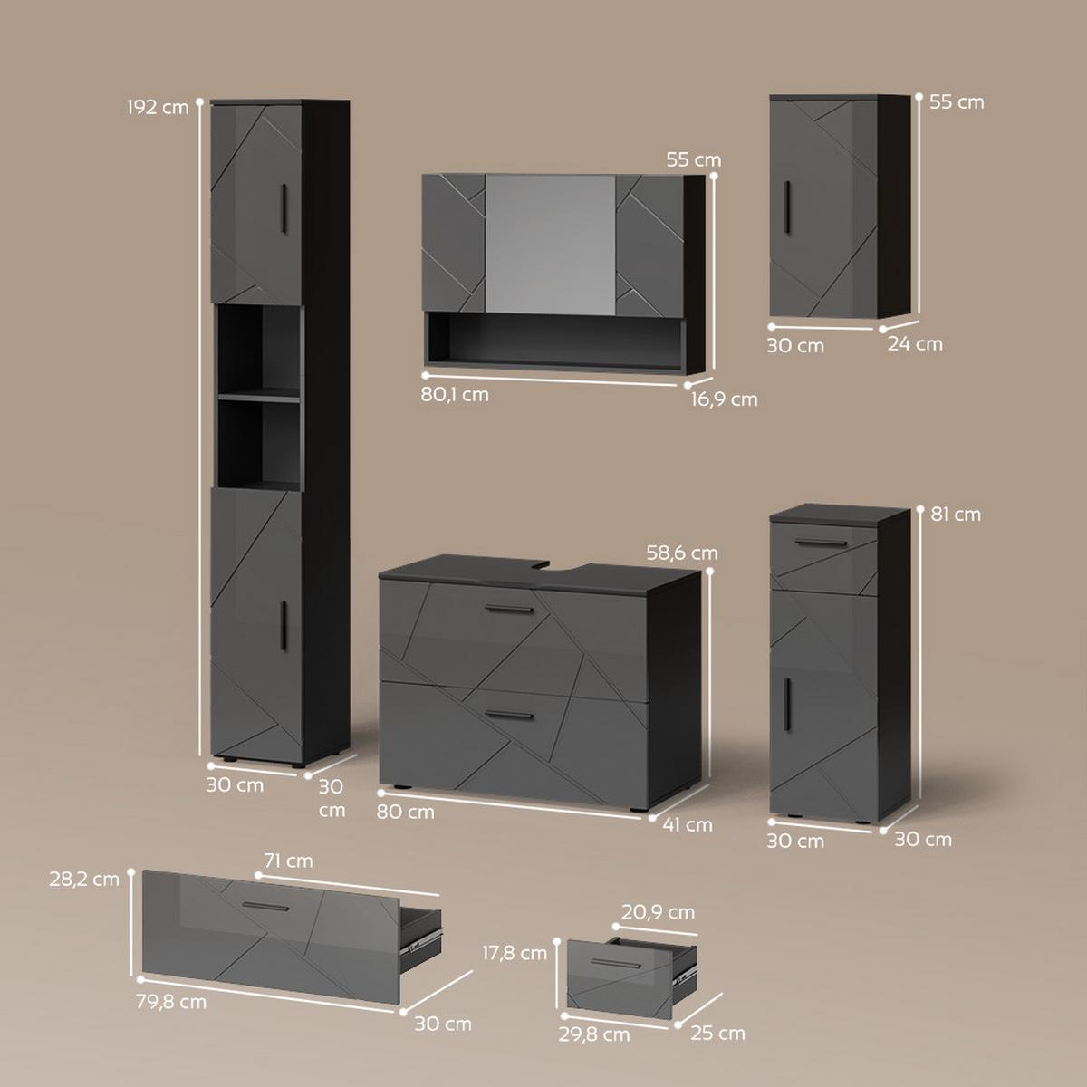 BADMÖBEL-SET Ronco Anthrazit Hochglanz 5 Teile - Schwarz Hochglanz, Holzwerkstoff (41/80/58cm) - Livinity®
