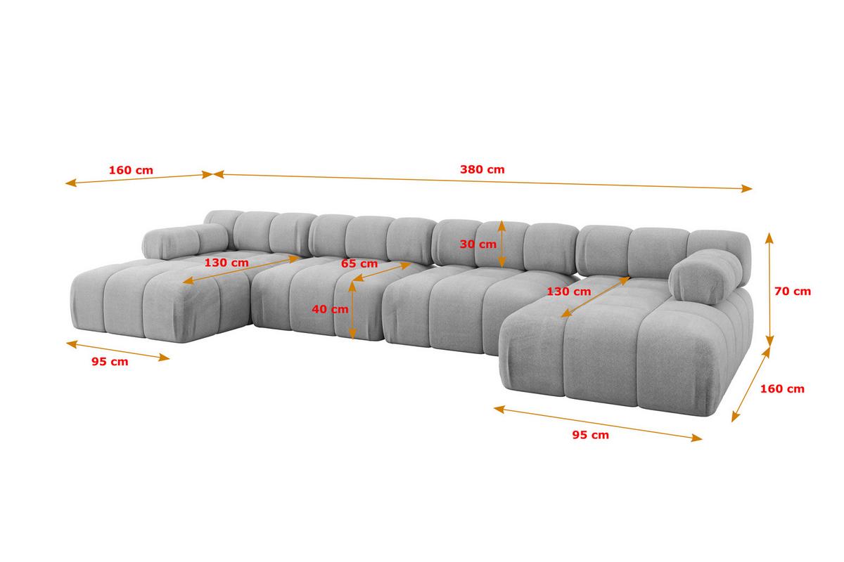 WOHNLANDSCHAFT modulares Sofa Tesso-U2 - 380x160x70 cm Hellgrau Velours - Hellgrau, Holzwerkstoff/Textil (380/70/160cm) - ALTDECOR