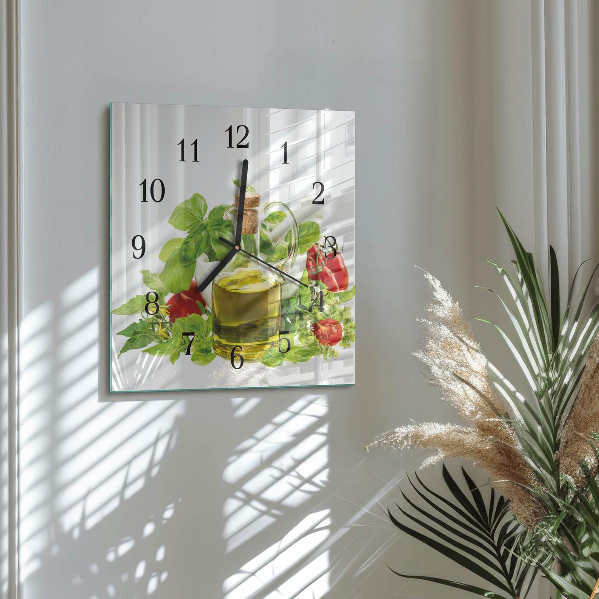 WANDUHR aus Glas 30x30 cm - Basilikumöl - Multicolor, Glas (30/30/0.4cm) - TULUP