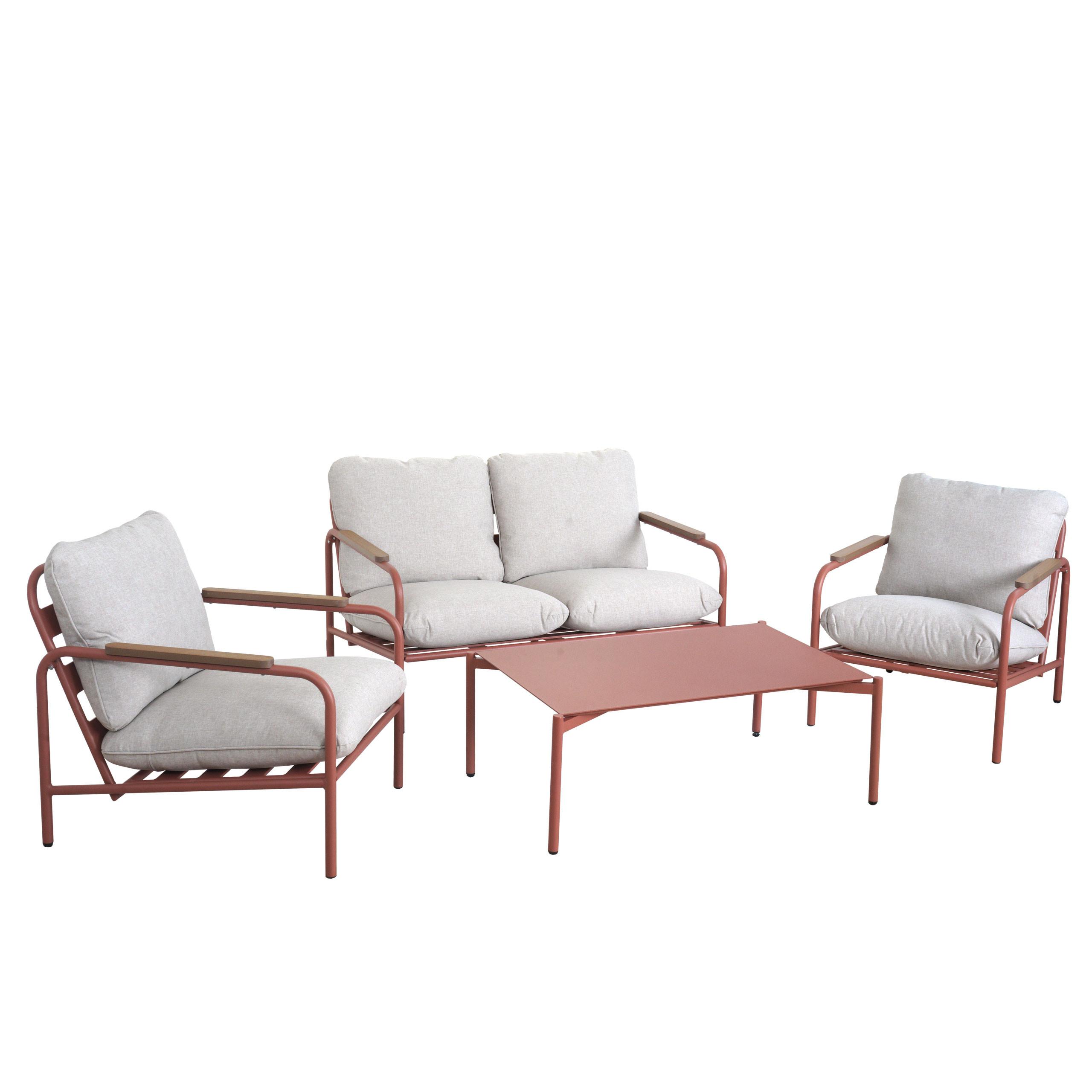 GARTENGARNITUR Rot, Beige 1x 2-Sitzer Gartenbank, 2x Sessel und 1x Tisch-Set - Beige/Rot, Metall - MCW