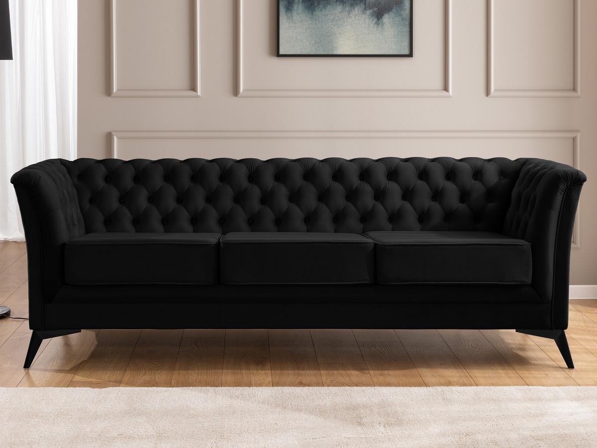 CHESTERFIELD-SOFA 3-sitzer Whitby Schwarz Samt mit schwarzen Füßen - Schwarz, Holz/Textil (237/78/82cm) - S-Style Möbel