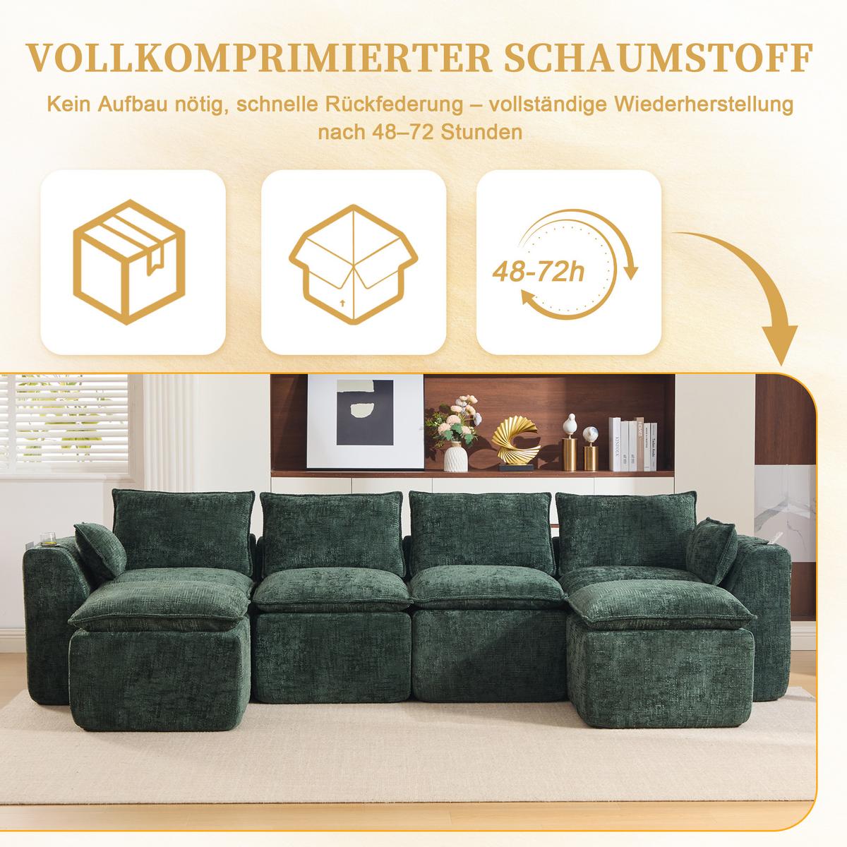 4-SITZER-SOFA aus chenille, modular mit 2 fußhockern und getränkehaltern - Grün, Textil (322/75/161cm) - Urban Meuble