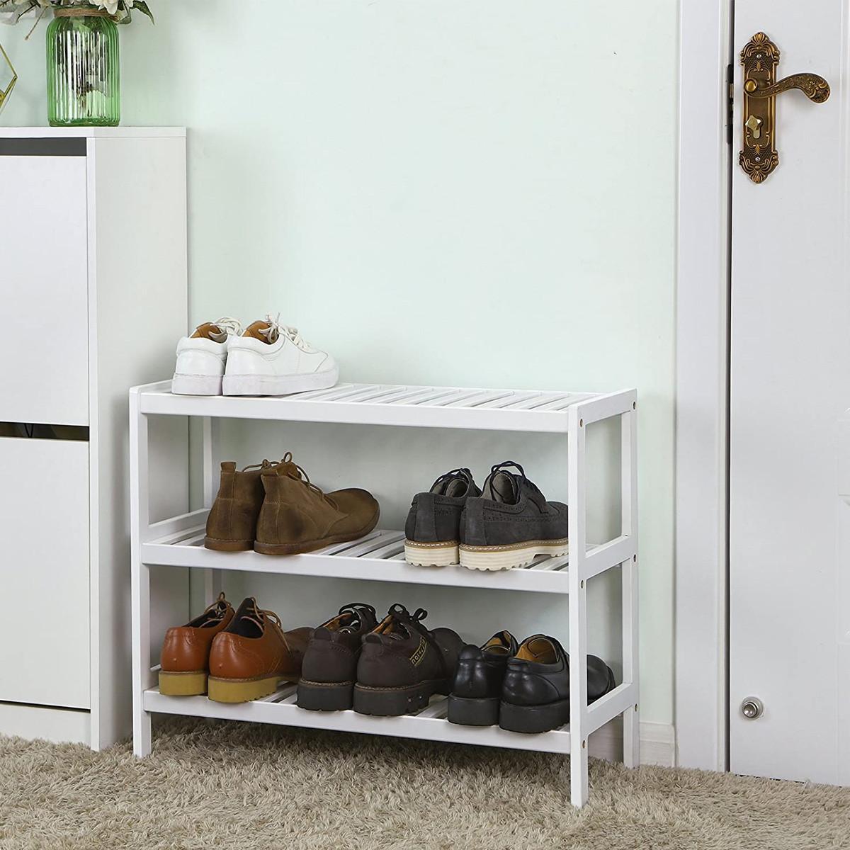 SCHUHREGAL mit 3 Ebenen aus Bambus Weiß - L70 cm - Weiß, Holz (26/55/11cm) - Calicosy