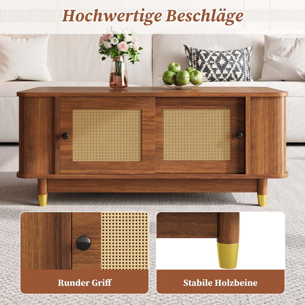 COUCHTISCH nussbaum-optik & rattan schiebetüren & abgerundete ecken - Walnussfarben, Holzwerkstoff (50/100/42cm) - Urban Meuble
