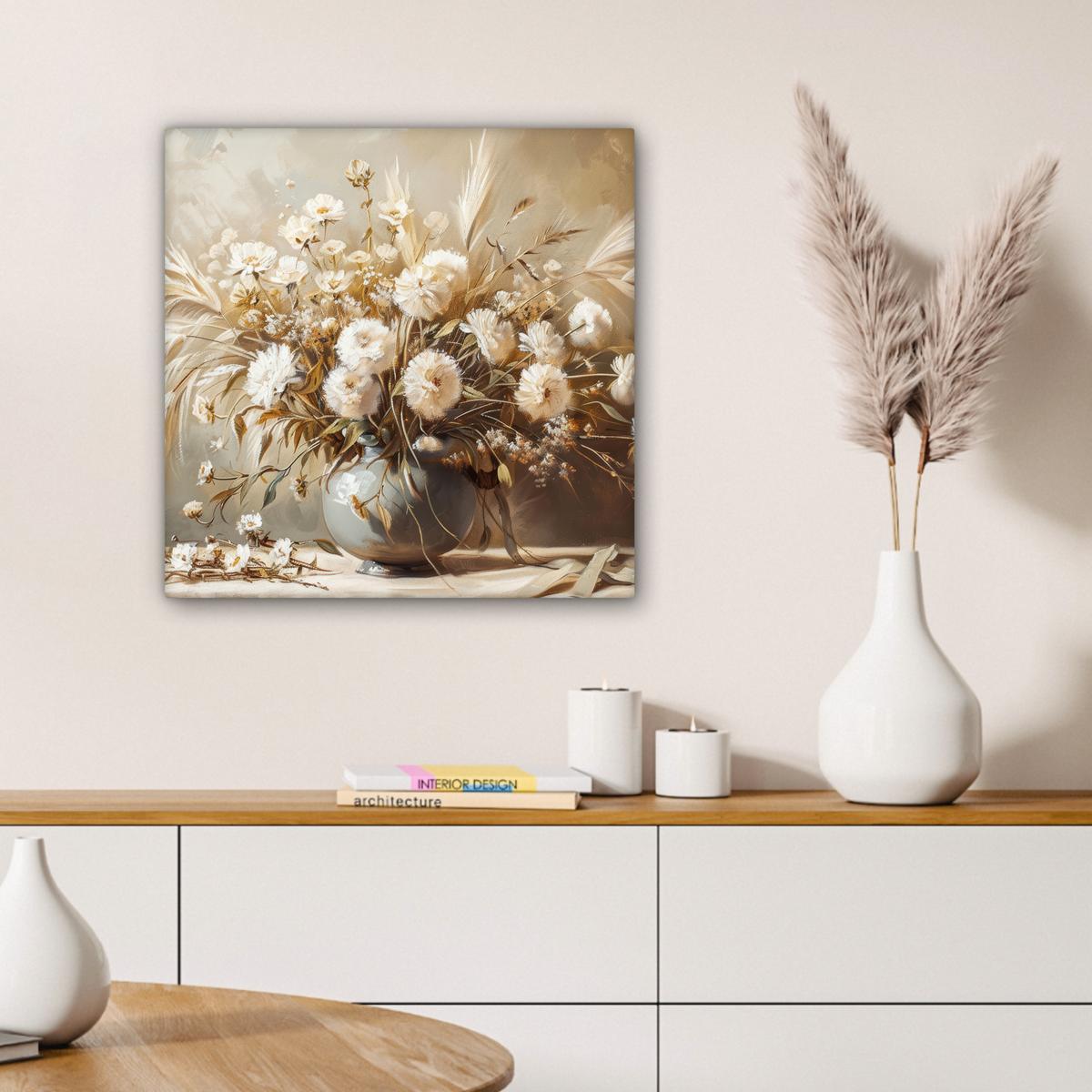 LEINWANDBILD Blumen - Vase - Stilleben - Beige Wandbild Wohnzimmer 50x50 cm - Creme, Textil (50/50cm) - MuchoWow