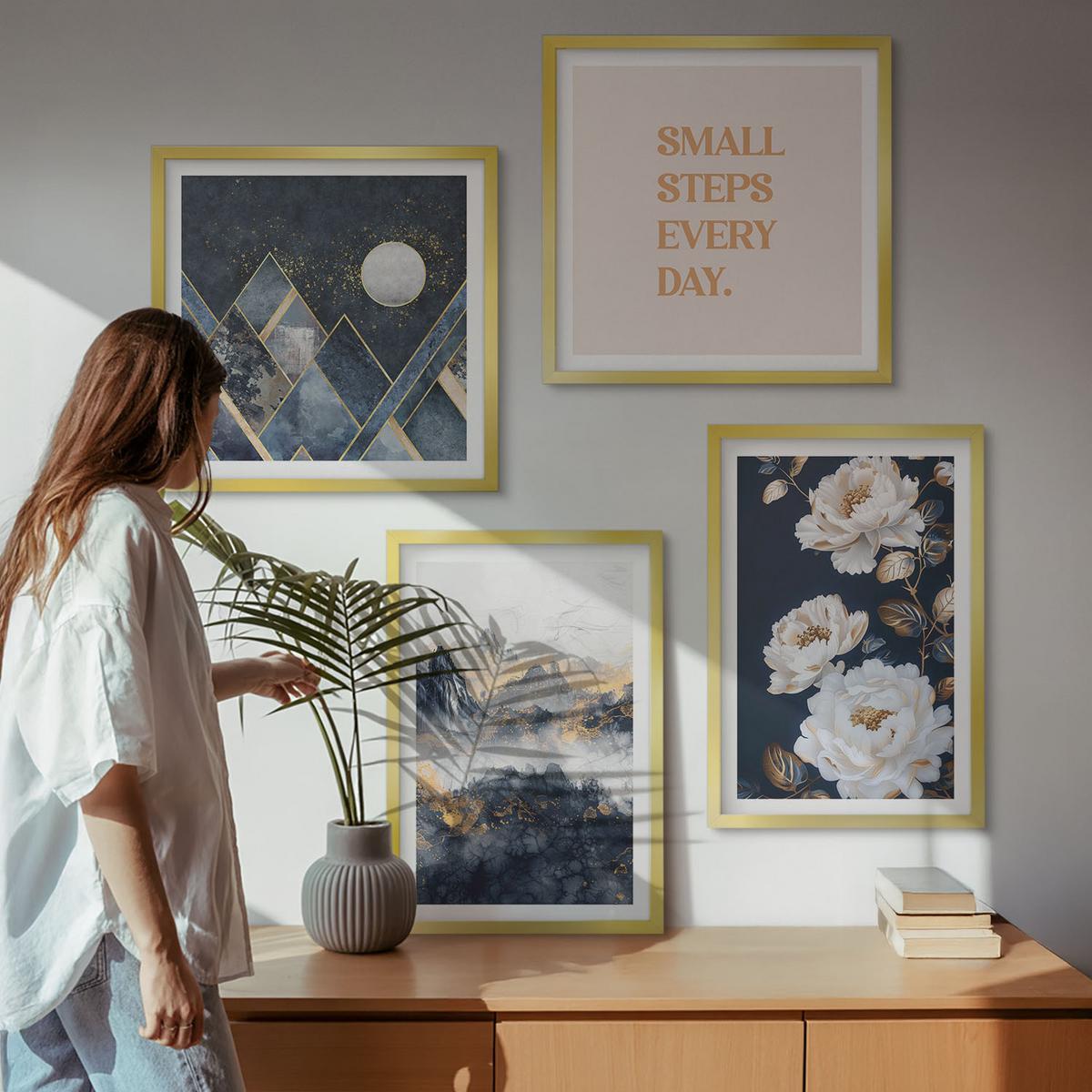 BILDER SET 4er Set - 50x50 cm & 40x60 cm Goldrahmen - Abstrakte Berge und Blumen Inspiration - Goldfarben, Kunststoff (50/50cm) - TULUP